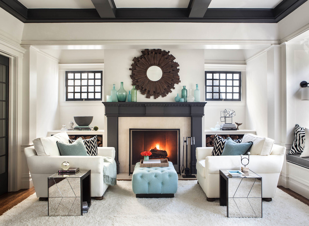 Design ideas for a transitional formal enclosed living room in San Francisco with white walls, a standard fireplace and no tv.
