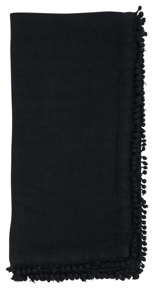 Table Napkins With Pom Pom Design, Set of 4, Black, 20"x20", 20"x20
