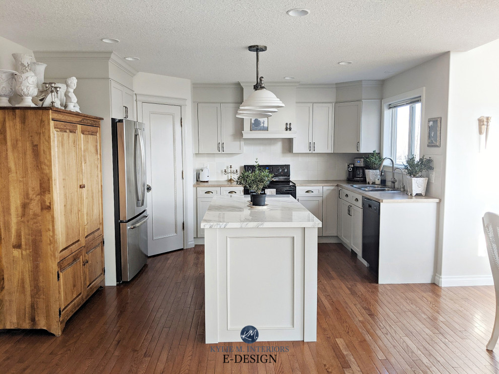 Mid-sized transitional u-shaped medium tone wood floor open concept kitchen photo with a drop-in sink, shaker cabinets, gray cabinets, laminate countertops, gray backsplash, porcelain backsplash, stainless steel appliances, an island and beige countertops