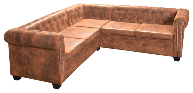 Vidaxl Chesterfield Corner Sofa 5 Seater Faux Leather Brown Chaise Longue Transitional Sectional Sofas By Vida Xl International B V Houzz Vidaxl Chesterfield Corner Sofa 5, Lexington Brown Faux Leather Sectional Chaise Sofa