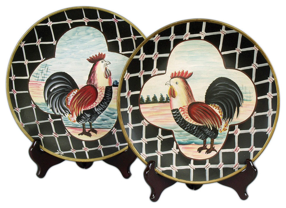 Pair of 10 Inch Diameter Ceramic Rooster Decorative Plates