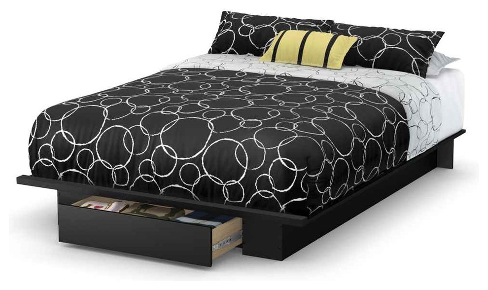Platform Bed with Drawer in Pure Black