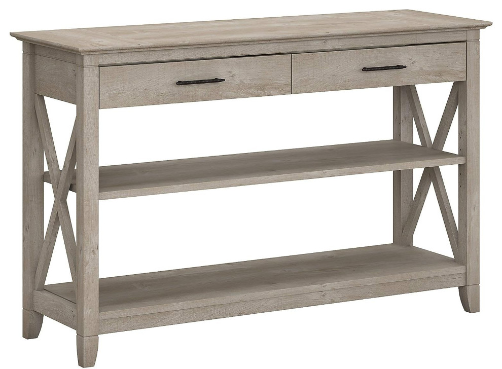 Narrow Console Table, XSides & 2 Drawers With Aged Bronze Pulls, Washed Gray Farmhouse