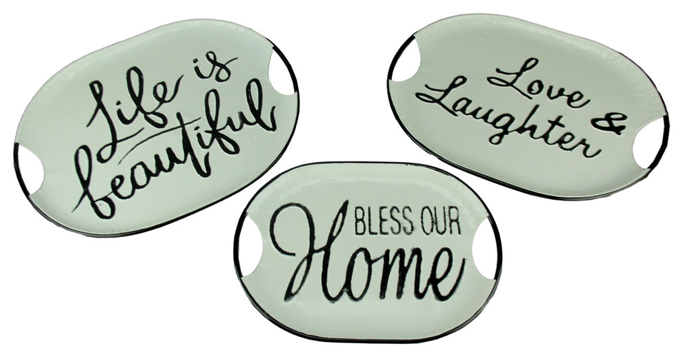Black and White Decorative Metal Trays With Life Love and Home Wording Set of 3