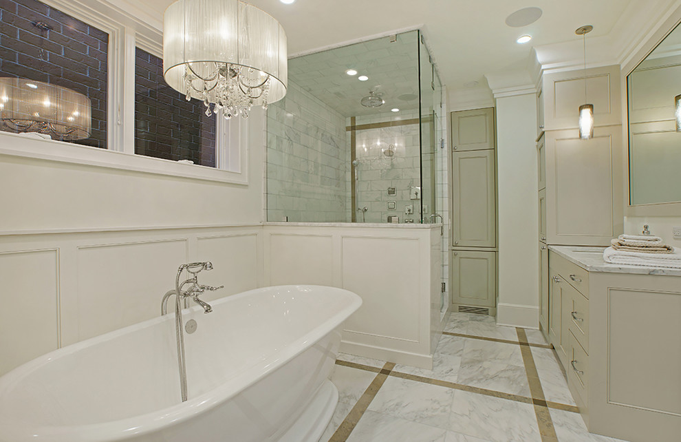 Mid-sized transitional bathroom in Chicago with beaded inset cabinets, grey cabinets, a freestanding tub, a two-piece toilet, white tile, stone tile, white walls, marble floors, an undermount sink, marble benchtops and with a sauna.