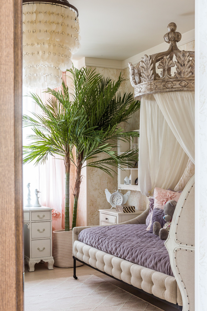 Inspiration for an eclectic kids' bedroom for girls and kids 4-10 years old in Other with beige walls, light hardwood floors and beige floor.
