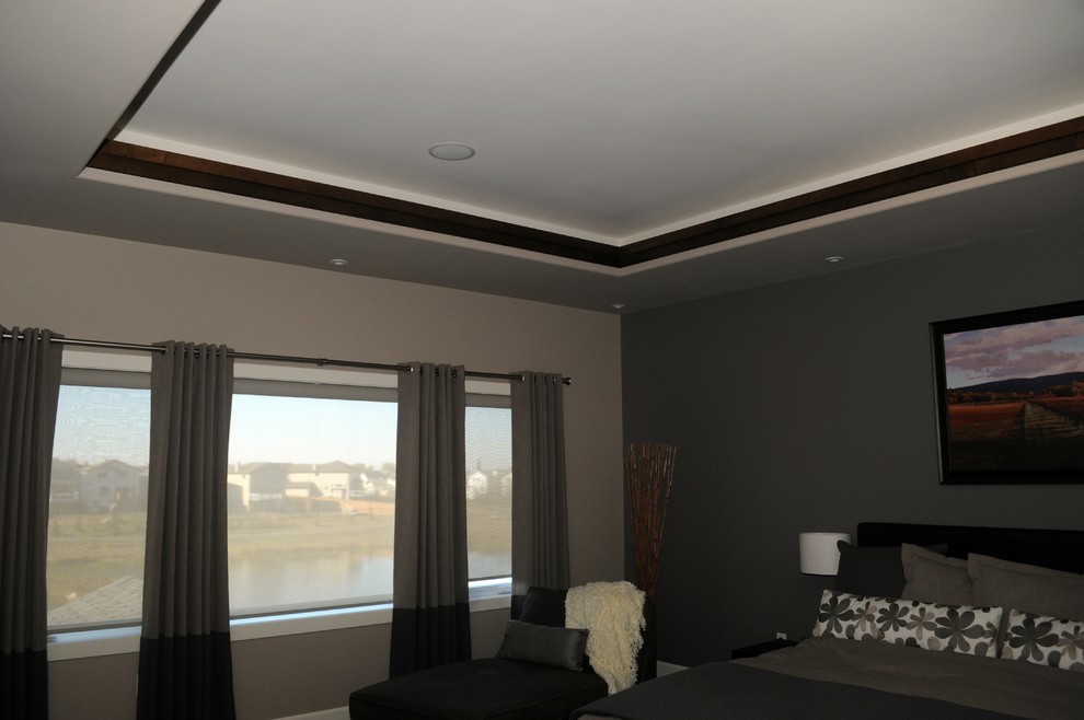 Imagen de dormitorio principal contemporáneo grande con paredes grises, moqueta y marco de chimenea de baldosas y/o azulejos