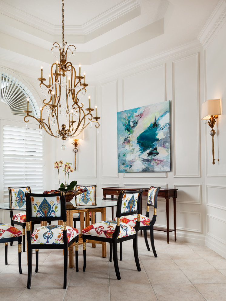 Traditional separate dining room in Miami with white walls, ceramic floors and no fireplace.