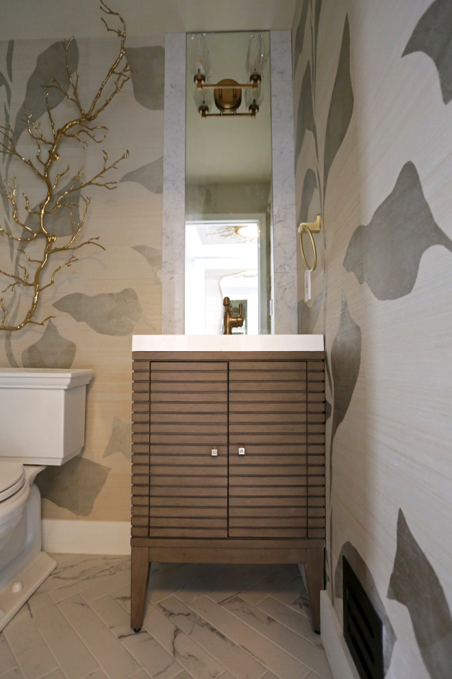 Inspiration for a mid-sized transitional l-shaped marble floor, white floor and exposed beam kitchen remodel in DC Metro with an undermount sink, shaker cabinets, white cabinets, quartzite countertops, white backsplash, quartz backsplash and stainless steel appliances