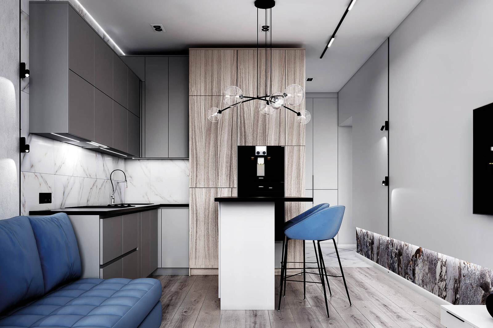 Современный дизайн в серых тонах, ЖК Панорама