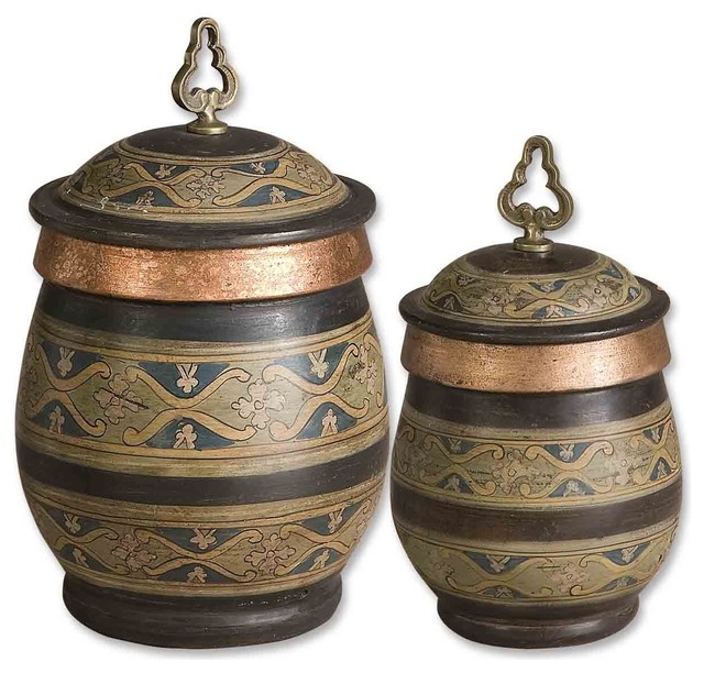 Hand Painted Terra Cotta Canisters With Copper Details Set of 2
