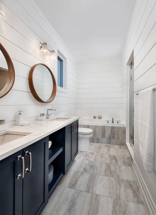 White and Navy Blue Farmhouse Bathroom Design with Backsplash
