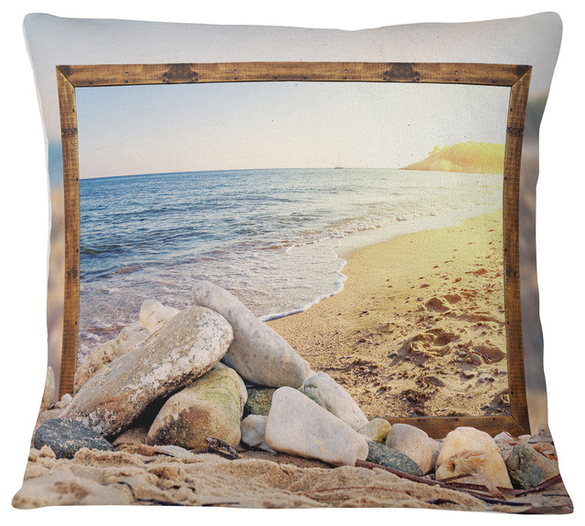 Framed Effect Beach Rocks Seashore Throw Pillow Beach Style