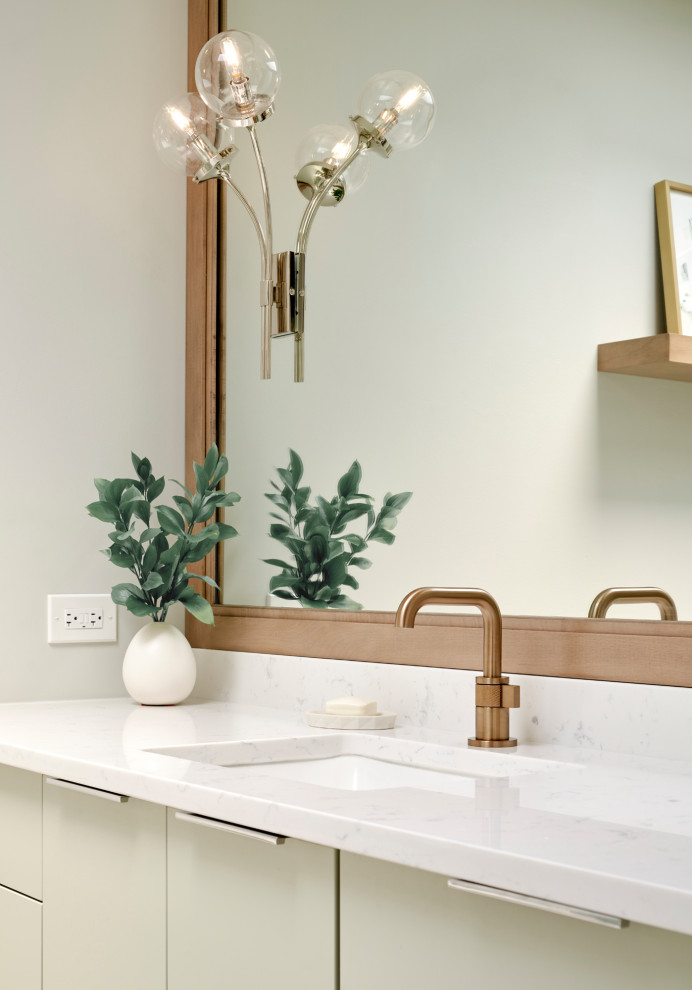 Example of a mid-sized trendy 3/4 white tile and porcelain tile beige floor and single-sink bathroom design in Chicago with flat-panel cabinets, green cabinets, gray walls, quartz countertops, white countertops, a floating vanity, a one-piece toilet and an undermount sink
