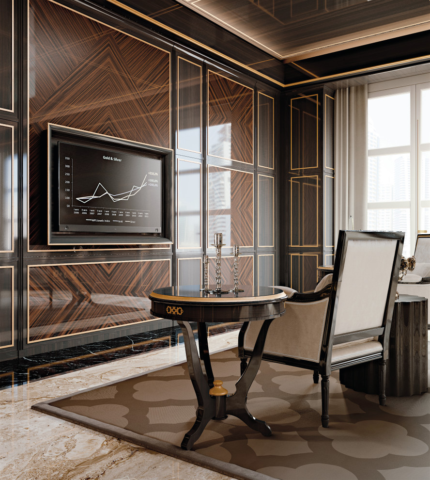 Inspiration pour un très grand bureau traditionnel de type studio avec un mur marron, un sol en marbre, un bureau indépendant, un sol beige, un plafond à caissons et boiseries.