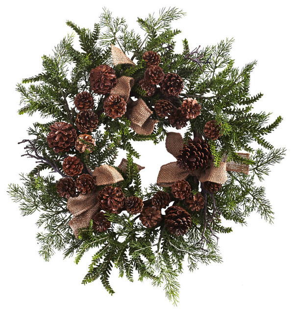 24" Pine & Pine Cone Wreath With Burlap Bows