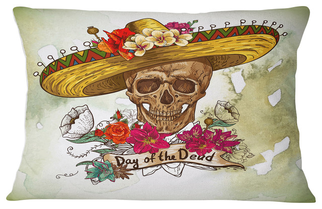 Skull in Sombrero with Flowers Floral Throw Pillow, 12"x20"