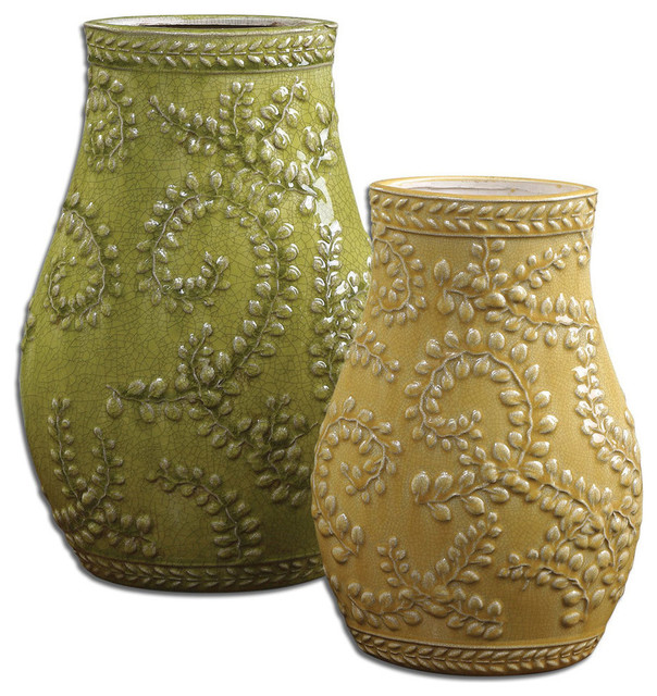 Uttermost Trailing Leaves 2 Ceramic Vases in Pale Yellow & Light Green