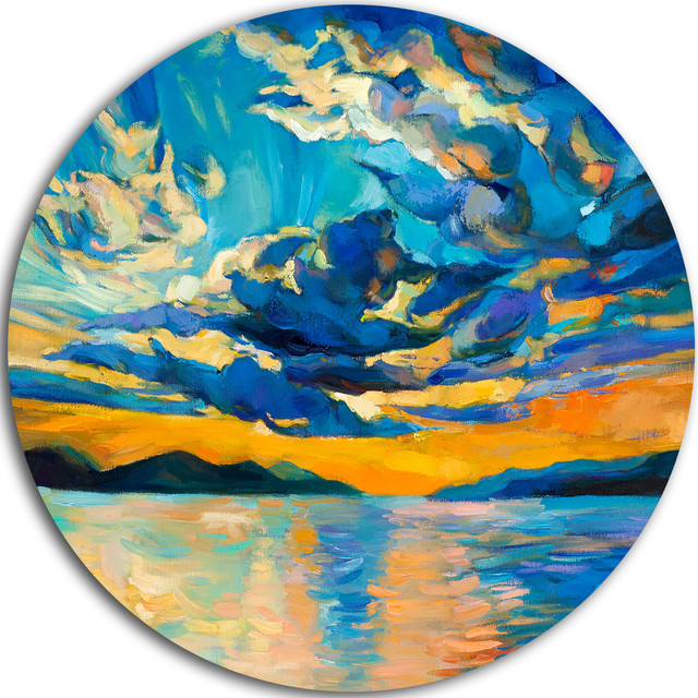 Orange Sunset With Blue Sky, Modern Painting Disc Metal Wall Art