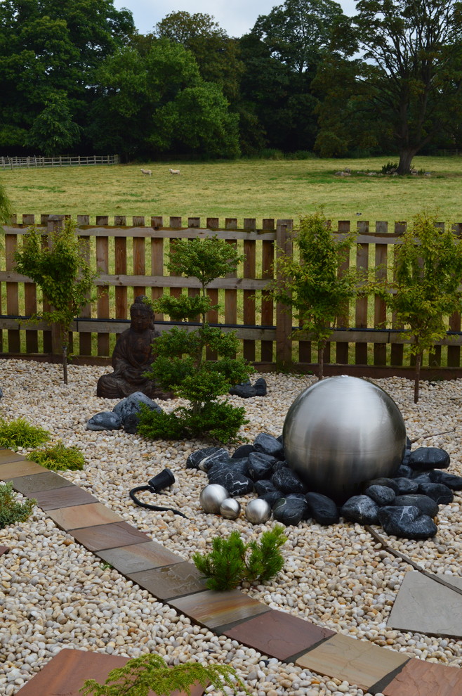 Inspiration for an asian partial sun garden in West Midlands with a water feature and gravel.