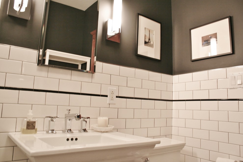 Small transitional 3/4 white tile and subway tile cement tile floor home design photo in Chicago with furniture-like cabinets, a one-piece toilet, beige walls and a pedestal sink