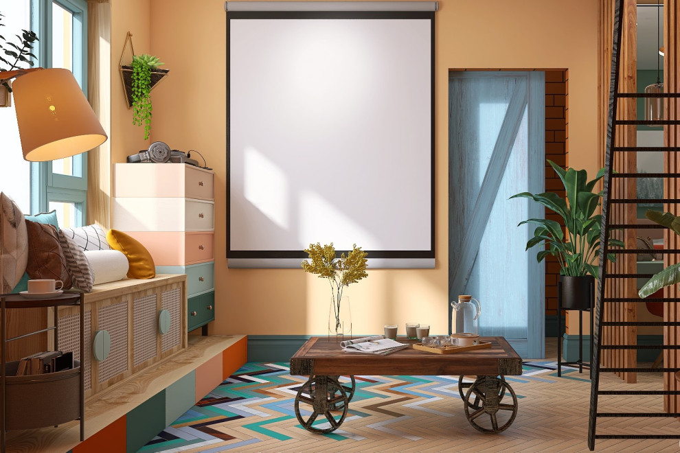 Inspiration för ett litet eklektiskt vardagsrum, med orange väggar, mellanmörkt trägolv och flerfärgat golv