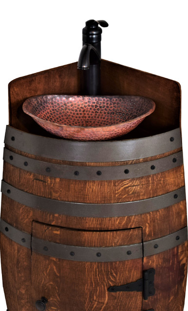 Mini Rustic Oak Wine Barrel Corner Bathroom Bar Sink With Door And Copper