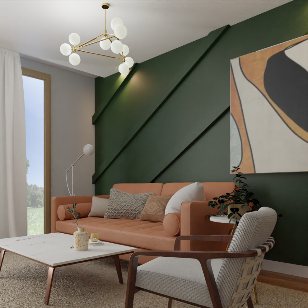 Photo of a small midcentury enclosed living room in Other with green walls, carpet, beige floor and panelled walls.