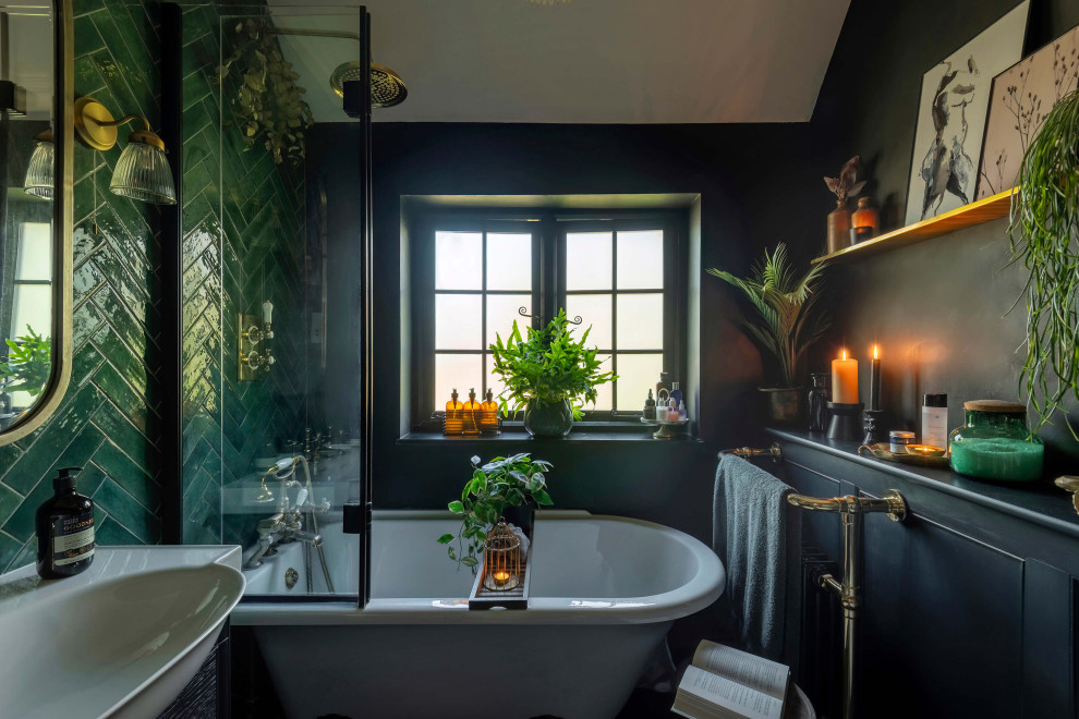 Eclectic bathroom in Hertfordshire with a feature wall.