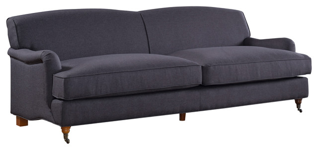 Mid Century Modern Large Linen Fabric Sofa With Casters, Dark Gray