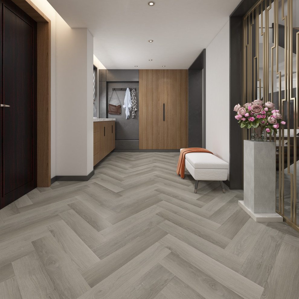 Esempio di uno spazio per vestirsi unisex minimalista con ante lisce, ante in legno scuro, pavimento in vinile, pavimento grigio e soffitto in carta da parati
