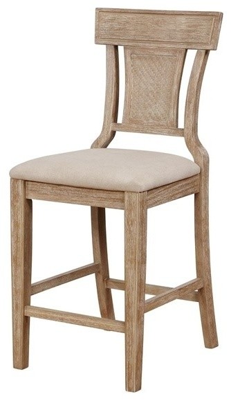 Linon Pacey Wood Upholstered Counter Stool Woven Rattan Seat Back in Greywash
