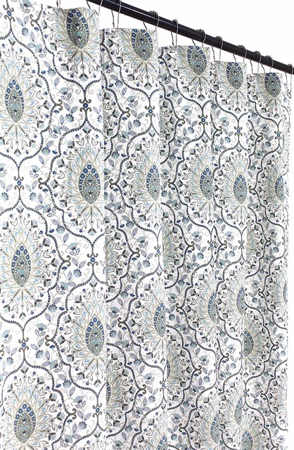 Hooks Bright Blue Pale Pink Cherry Blossom Tree Bathroom Shower Curtain-Fabric