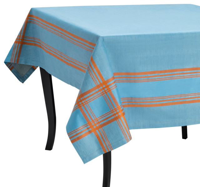 French Home Linen 60"x100" Boulevard Tablecloth, Denim and Terracotta