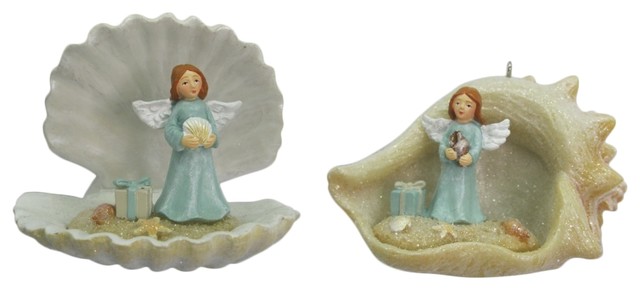Beach Angels In Clam Shells Christmas Holiday Ornaments Set Of 2 Resin Beach Style Christmas Ornaments By Mary B Decorative Art Houzz