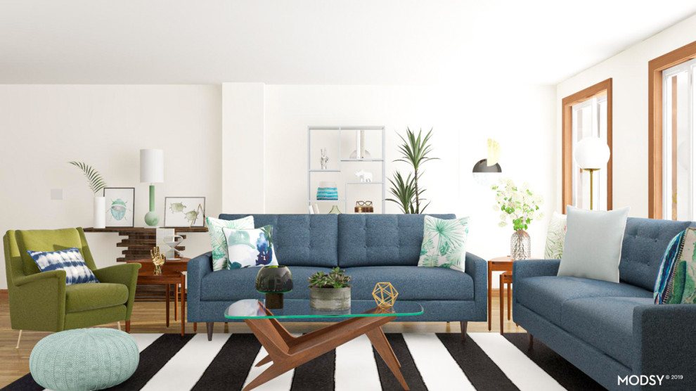 Esempio di un grande soggiorno minimalista aperto con pareti bianche e pavimento in legno massello medio