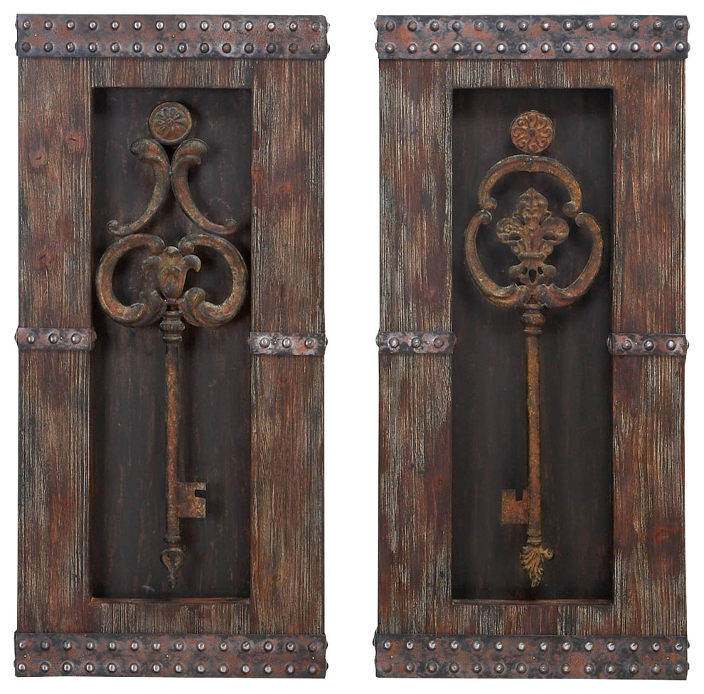 Antique Key Wood Wall Decor Set of 2, 30"H x 14"W x 2"D Rustic Wall Accents by Aspire Home
