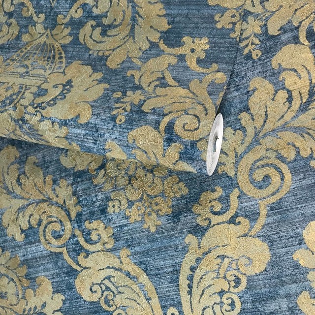 Wallpaper Blue Gold Metallic rustic Damask plaster Textured, 21 Inc X ...