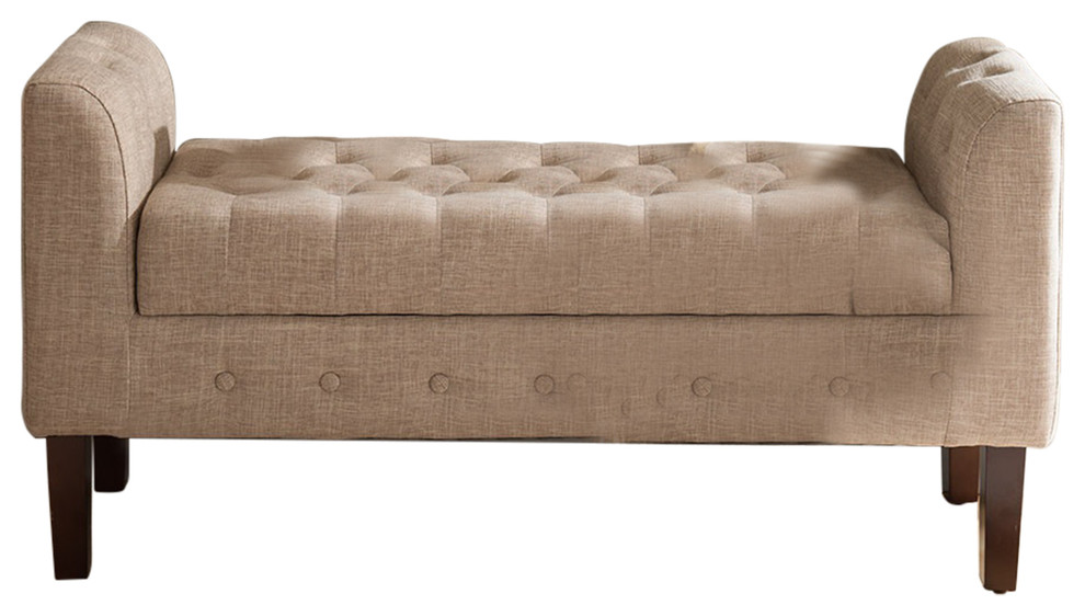 Trish Armed Tufted Storage Bench Ottoman, Upholstered Brown Microfiber