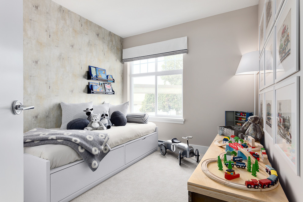 Photo of a small contemporary kids' bedroom for kids 4-10 years old and girls in Vancouver with beige walls and carpet.