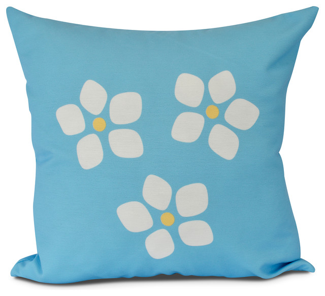Floral Outdoor Pillow, Mid Blue, 20" x 20" Contemporary Outdoor