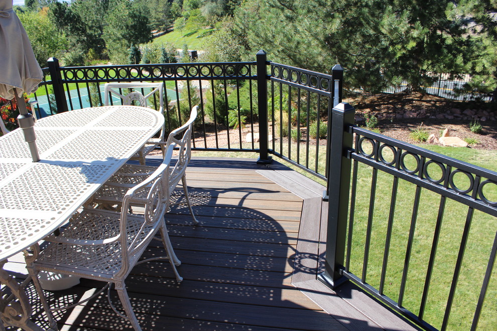 Large transitional backyard outdoor kitchen deck photo in Denver with no cover