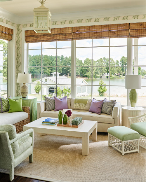 beautiful lake house sunroom with green
