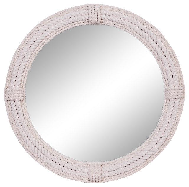 White Coastal Rope Wall Mirror, 36x36 Beach Style Wall Mirrors by