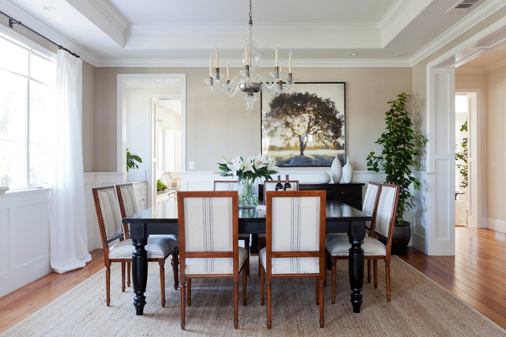Inspiration for a traditional separate dining room in Los Angeles with beige walls, medium hardwood floors and no fireplace.
