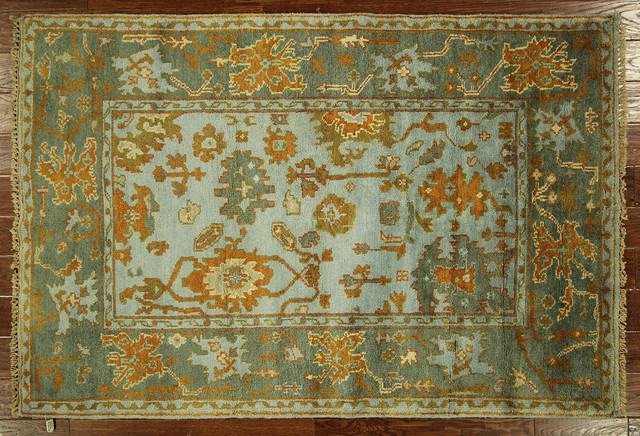 New Antiqued Baby Blue Oushak 4'x6' HandKnotted Wool Turkish Geometric Rug H5598