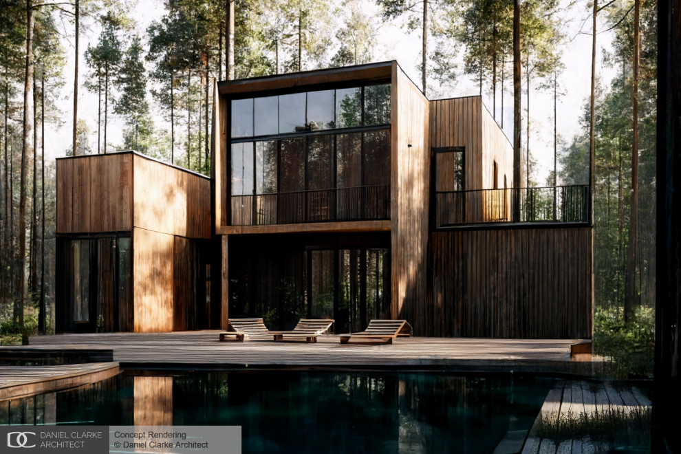 Idée de décoration pour une façade de maison beige nordique en bois de taille moyenne et à un étage avec un toit plat.
