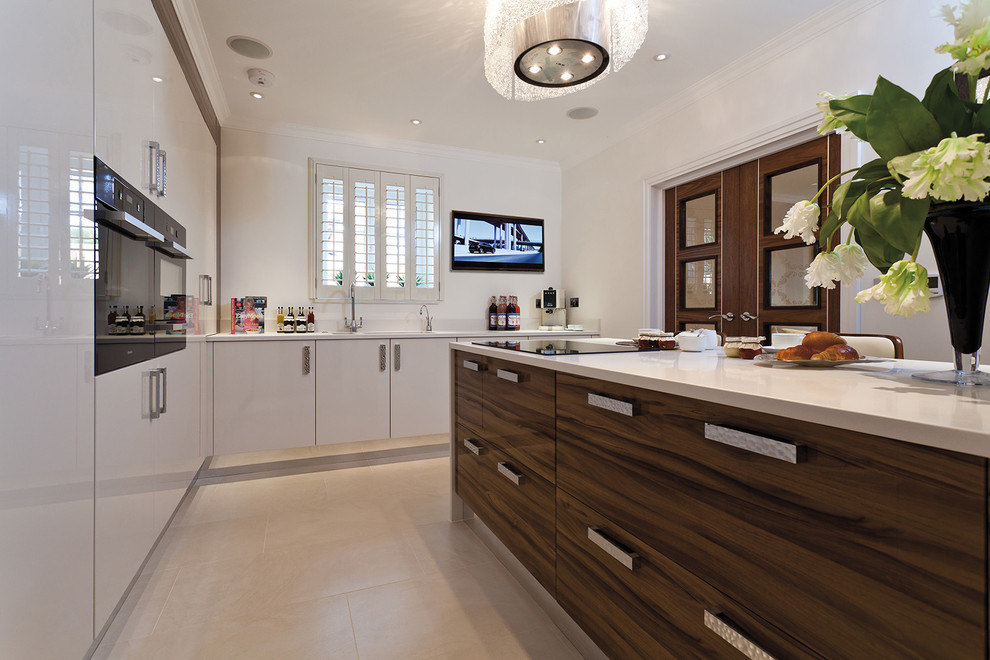 Contemporary separate kitchen in Other with flat-panel cabinets, white cabinets and with island.