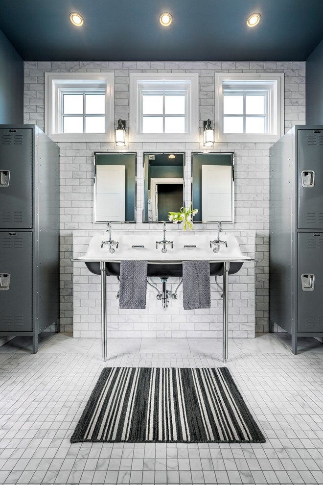Design ideas for a mid-sized transitional kids bathroom in Other with grey cabinets, subway tile, a trough sink, white tile, grey walls and white floor.