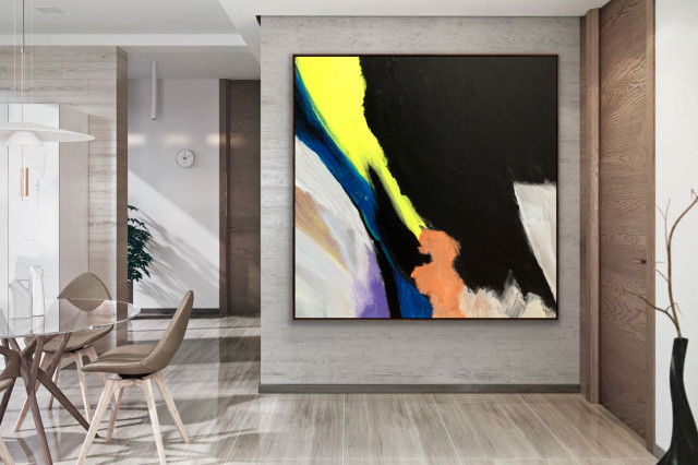 Strong 60x60 IN Black neon modern Art Large Abstract Painting White